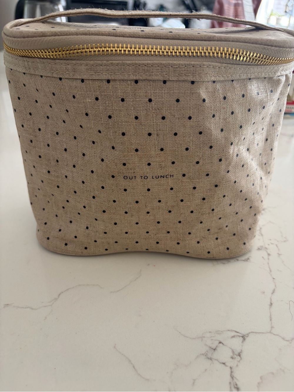 kate spade Beige Polka Dot Cosmetic Lunch Tote with Gold Zipper